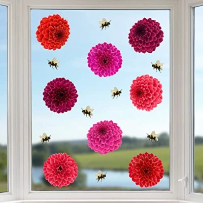 Image of 8 Large Flower Window Clings Non Adhesive Stickers Beautiful Vinyl Decoration can be use as Glass Safety to Deter Birds from Collision Strike