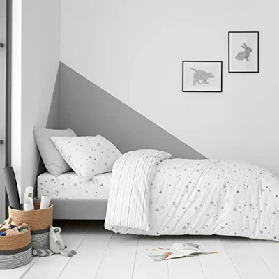 Image of Bianca Stars Cotton Reversible Junior Duvet Cover Set with Pillowcases White Grey