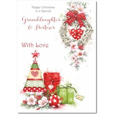 Image of doodlecards Granddaughter &amp; Partner Christmas Card Heart Decorations Medium Size with Plain Envelope