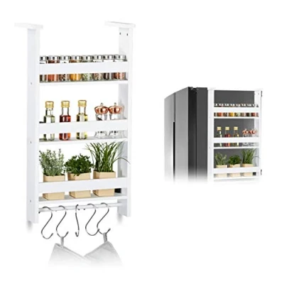Image of Relaxdays Suspended Spice Rack for Fridge, Hanging Storage Shelf Kitchen, Rail &amp; 5 Hooks, MDF: 74x42x20 cm White, 10029472