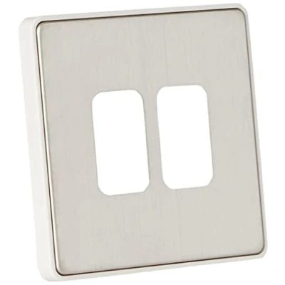 Image of MK Dimensions 2 Gang 20A Switch/2 Module Grid Brushed Stainless Steel Finish Frontplate with a White Trim