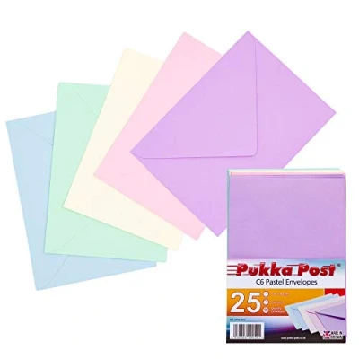 Image of Pukka Pad, Post &amp; Packaging Gummed Envelopes Pack of 25, Ready to Seal, Durable 100GSM Postal for Letters, Invitations, and Other Mail 114 x 162mm, Size C6, Pastels