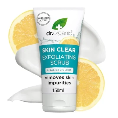 Image of Dr Organic Skin Clear Exfoliating Scrub, Cleansing , For Acne &amp; Skin, Salicylic Acid, Oily, Problem Natural, Vegan, Cruelty Free, Paraben SLS Recycled Recyclable, Organic, 150ml