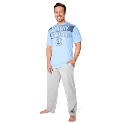 Image of Manchester City FC Mens Pyjamas Set Nightwear T Shirt Long Bottoms PJs Lounge Men Teenagers Man Gifts for (Blue/Grey, M)