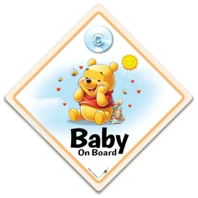 Image of Winnie The Pooh Baby On Board Sign, Car Grandchild 14 cm x 14cm