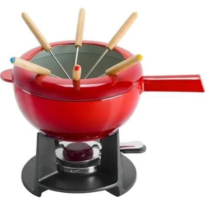 Image of Zwilling 40201 001 Fondue Set Cherry Enamel Cast Iron Pan, Swiss for Melted Cheese, Includes 6 Wooden Forks, Chocolate Melting Pot, Splash Protector, Suitable All Hobs, Food Warmer