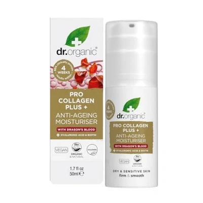 Image of Dr Organic Pro Collagen Plus Dragons Blood, Hyaluronic Acid, Biotin, Healthy Aging, Wrinkles, Dry &amp; Sensitive Skin, Natural, Vegan, Cruelty Free, Paraben SLS Recycled&amp;Recyclable, Organic, 50ml