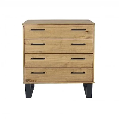Image of Home Source Industrial Style Chest, Pine Bedroom Storage Organiser, 4 Drawer, Natural, Wood