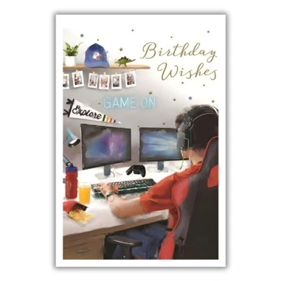 Image of ICG Male Birthday Card General for Men/Boys Computer Gamer with Headphones and Snacks Foil Finish