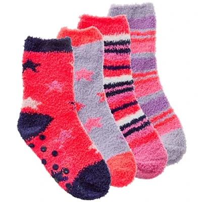 Image of Metzuyan Kids Girls Fluffy Bed Socks Striped Stars Winter with Grippers Non Skid 2 Pack UK 6 8.5