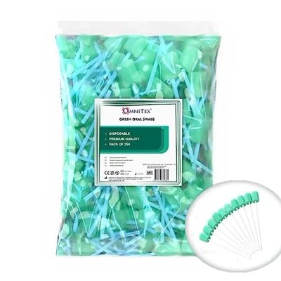 Image of 250pk Omnitex Premium Green Oral Swabs Dry Disposable Mouth Cleaning Swabsticks Hygiene Sticks Hexagonal Foam Head to Provide 6 Edges, Pack of 250
