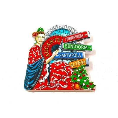 Image of Torrevieja Alicante Altea Benidorm Santa Pola Fridge Magnet. Spanish Flamenco Dancer. Flag of Spain Polka Dot Dress with Pericon Figure. Sevillian Fan