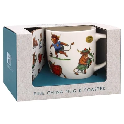 Image of The Leonardo Collection Finola Stack Highland Cow Mug with Coaster for Home &amp; Kitchen Stylish Ceramic Mugs Tea Coffee Lovely Cup Set Mens Gifts Birthday Women