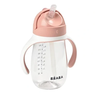 Image of BÉABA 2 in 1 Sippy cup Toddler Children’s Beaker with straw 100% Waterproof Easy to Open Removable Handles Tritan and Silicone 300 ml Pink