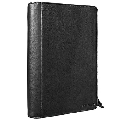 Image of STILORD &#039;Julius&#039; Vintage Conference Folder A4 Leather Brown Portfolio Document Sophisticated Design fit for 12 inch Tablets Genuine Leather, Colour:Black