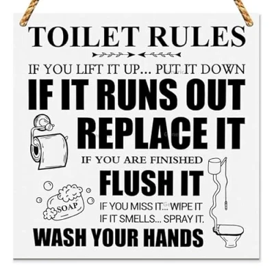 Image of Toilet Rules Wood Sign Plaque, Bathroom Quote Sign, Home Wooden Wall Decor 8 * inch