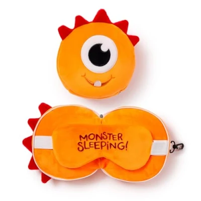 Image of Puckator Relaxeazzz Orange Monstarz Monster Round Plush Travel Pillow &amp; Eye Mask Sleep Masks Kids Accessories For Sleeping Airplane Flight Plane Neck Pillows