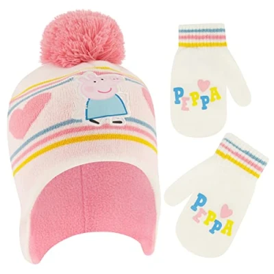 Image of Hasbro Girls&#039; Winter Accessory Hat and Mittens Set, Peppa Pig Beanie for Toddler Ages 2 4, White/Pink, Years