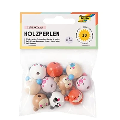 Image of folia Beads, 10 Round Wooden Balls with Cute Animal Faces, Assorted in 5 Designs, Diameter 18 mm, for Threading Necklaces or Crafting Figures, Multi Coloured