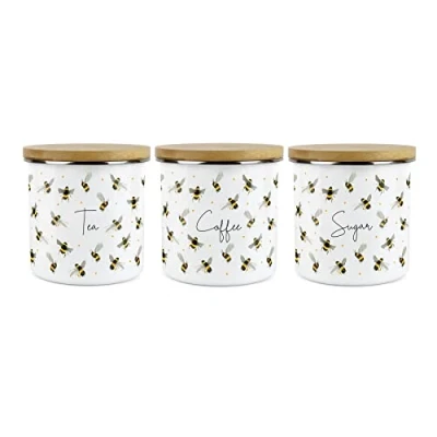 Image of Purely Home Scattered Bees Tea, Coffee &amp; Sugar Canister Set White Metal Enamel Kitchen Food Storage Container