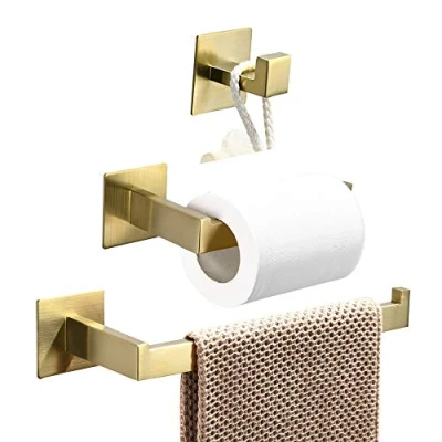 Image of WOMAO Bathroom Accessories Set Adhesive 3pcs Gold Brushed Bath Hardware SUS 304 Stainless Steel without Drilling Sticky Toilet Roll Holder Towel Command Hook
