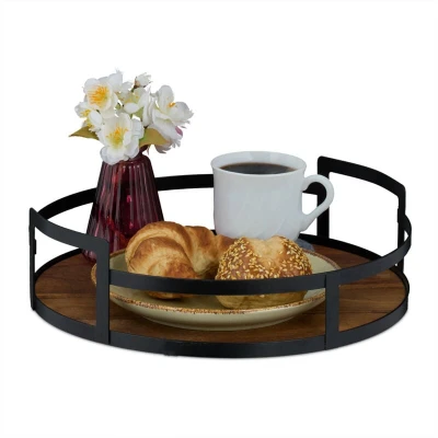 Image of Relaxdays Round Serving Tray, Wood &amp; Iron, 8.5x30.5 cm, for Drinks Snacks, Handles, High Edge, Decorative, Brown/Black