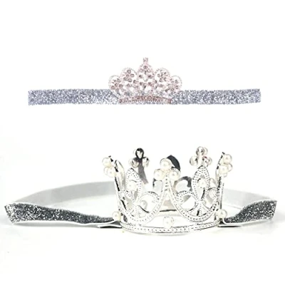 Image of Nishine 2 pieces Baby Girls Crown Headband Princess Tiara Headdress Set Toddler Elastic Head Band (Silver)