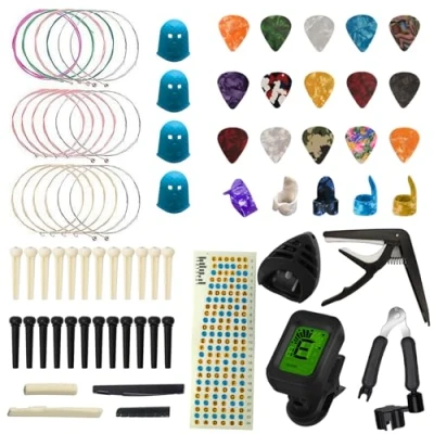Image of TTCR II 72 Pcs Guitar Accessories Kit with Tuner, Capo,3 Set Strings,15 Picks, Pick Holder,3 in 1 String Winder,Guitar Bridge Pins, Saddle and Nuts etc.