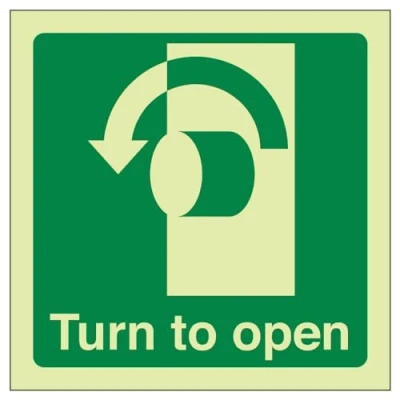 Image of V Safety 22017AF GS Glow In The Dark Turn To Open (Anti Clockwise) Door Sign 100mm x Self Adhesive Vinyl
