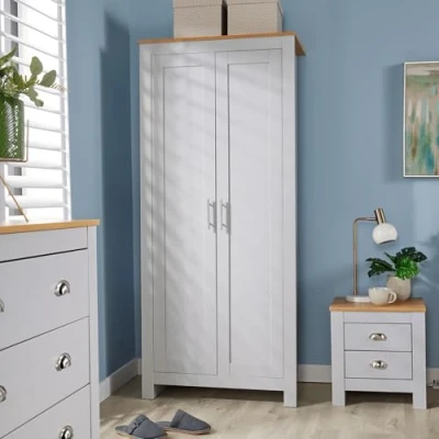 Image of Home Source Camden Wardrobe Cupboard Bedroom Furniture Clothing Hanging Rail Multi Shelf Storage Oak Top, Wood, Grey, 3 Door