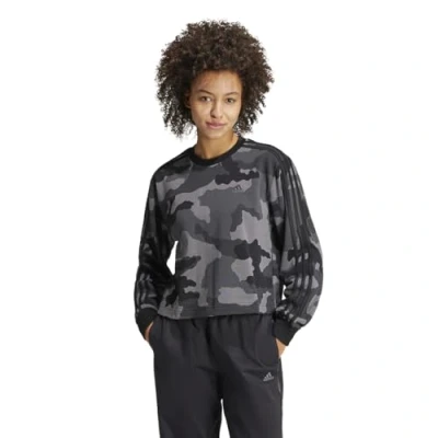 Image of adidas Essentials 3 Stripes Camo Print Cropped Sweatshirt women&#039;s in Black