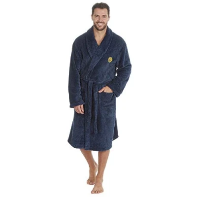 Image of Mens Luxury Fleece Dressing Gown Bath Robe Shawl Collar Soft Warm Navy L