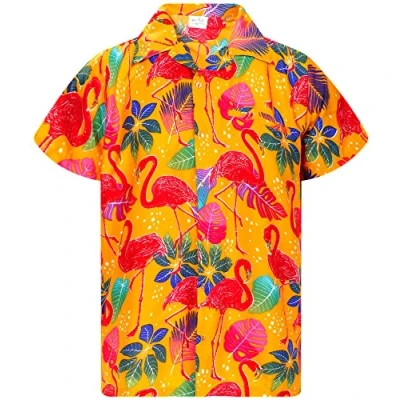 Image of King Kameha Mens Flamingos Short Sleeve Hawaiian Shirt Novelty Summer Vibes, Flamingos, Yellow, XL