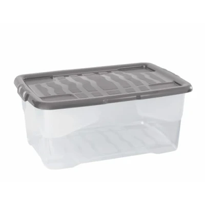 Image of Strata 5 x 42 Litres Curve Plastic Stackable storage box &amp; Lid with clip on lids, Pack, Multi for home and office solution Clear Box, Grey Lid, (25cm H 40cm W 60cm D)