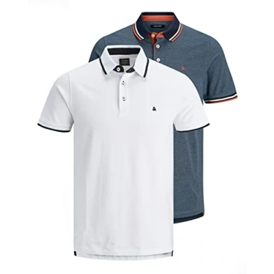 Image of JACK &amp; JONES Men&#039;s Jjepaulos Polo Ss Noos Kosile, Pack of 2 (Denim Blue/White), S