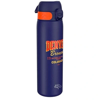 Image of ION8 Steel Water Bottle, 600 ml/20 oz, Leak Proof, Easy to Open, Secure Lock, Dishwasher Safe, Flip Cover, Fits Cup Holders, Carry Handle, Durable, Metal Raised Print, NFL Broncos Design