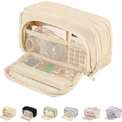Image of Big Capacity Pencil Case, 3 Compartments Large Pouch, Simple Holder Pouch Organizer Pen Cases, Bag Box (Beige)