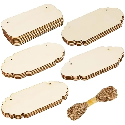 Image of Belle Vous 24 Pack of Assorted Blank Unfinished Wood Plaques Wooden Plywood Craft Cutouts with Hanging Rope Ideal for DIY Arts &amp; Crafts, Pyrography, Décor, Wedding, Painting Signs