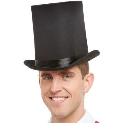 Image of Smiffys Deluxe Top Hat, Black with Elastic Inner Rim, Circus Fancy Dress, Adult Dress Up Hats