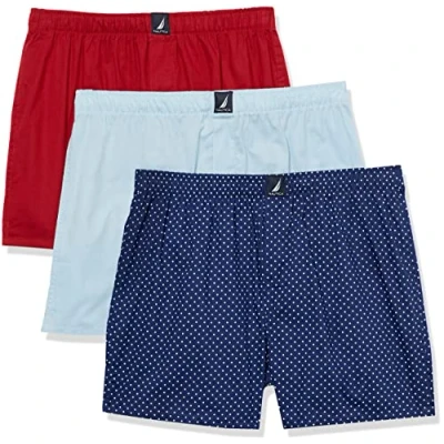 Image of Nautica Men&#039;s Cotton Woven 3 Pack Boxers Shorts, Noon Blue Red/Polka Dot Print, L