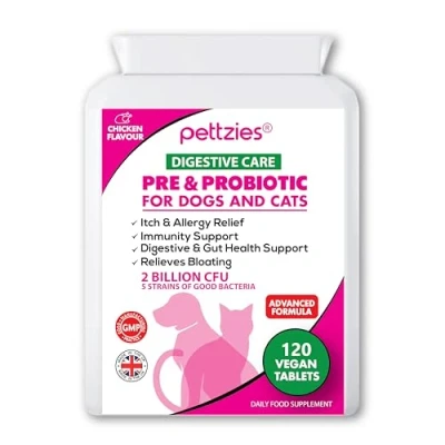 Image of PETTZIES Probiotics for Dogs and Cats 120 Tablets Diarrhoea Bad Breath Itchy Skin Yeast Infection Treatment Digestive Enzymes Sensitive Digestion Canine Prebiotic Dietary Supplements