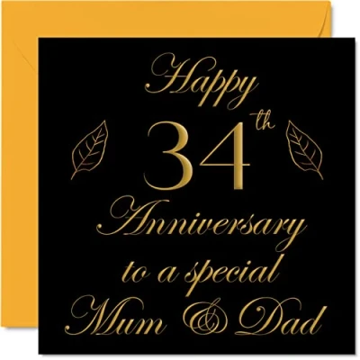 Image of Special 34th Anniversary Card for Dad Mum Parents &amp; Happy 34 Wedding Cards from Son Daughter Family, 145mm x Greeting Thirty Fourth Anniversaries
