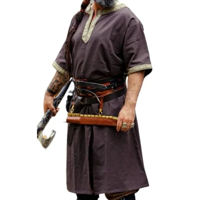 Image of Leonardo Carbone® Richard Short Sleeve Tunic Medieval Clothing Men, Shirt, Casual Shirts Sleeve, Carnival Costume Viking Tunic, LARP 100% Cotton, dark brown, XXL