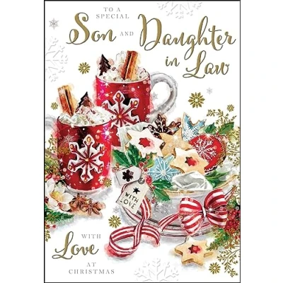Image of Jonny Javelin Special Son and Daughter in Law Christmas Card Festive Hot Chocolate Biscuits Embossed with Foil Flitter Details