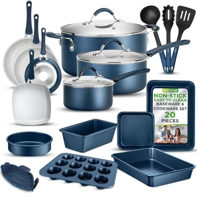 Image of NutriChef 20 Piece Professional Home Kitchen Cookware and Bakeware, Pots Pans Set Non Stick Kitchenware, Cool Touch Handles, Safe for Gas, Electric, Induction Cooktops, Easy Clean, Blue, Navy