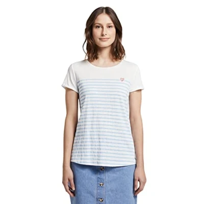 Image of Tom Tailor Denim Women&#039;s 1017275 Striped T shirt with heart print, 21359 Light Blue White Stripe, S
