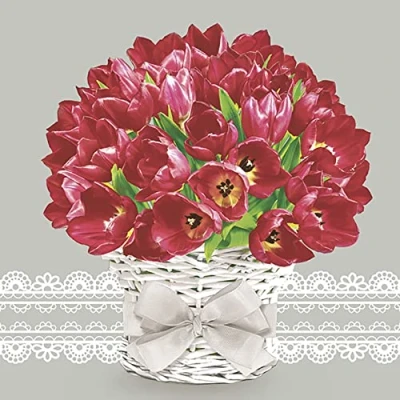 Image of DAISY 3 Ply Flowery Tissue Paper Napkins Serviettes for Decoupage Lunch 33cm x Pack of 20 (Red Tulips in Wicker Flowerpot)