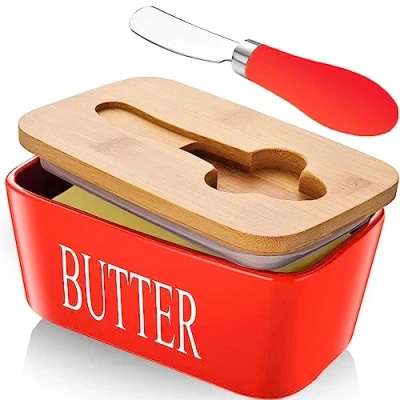 Image of Ceramic Butter Dish with Lid and Knife Porcelain Container Cutter Easy Spread Kitchen Accessories Tableware (Red)