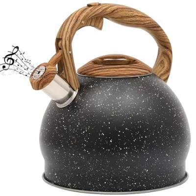 Image of Belle Vous Black Texture Whistling Tea Kettle 3L Pot for Stovetop/Induction Hob Stainless Steel Hot Water Camping Teapot Tea/Coffee