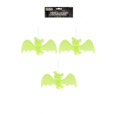 Image of HENBRANDT Single Pack of 3 Glow in the Dark Hanging Bats Haunted House Decoration Trick or Treat Party Bag Fillers Halloween Loot Lucky Dip Favours Bat Decorations